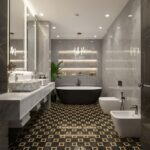 Elegant black and gold patterned ceramic tiles in a modern bathroom setting.