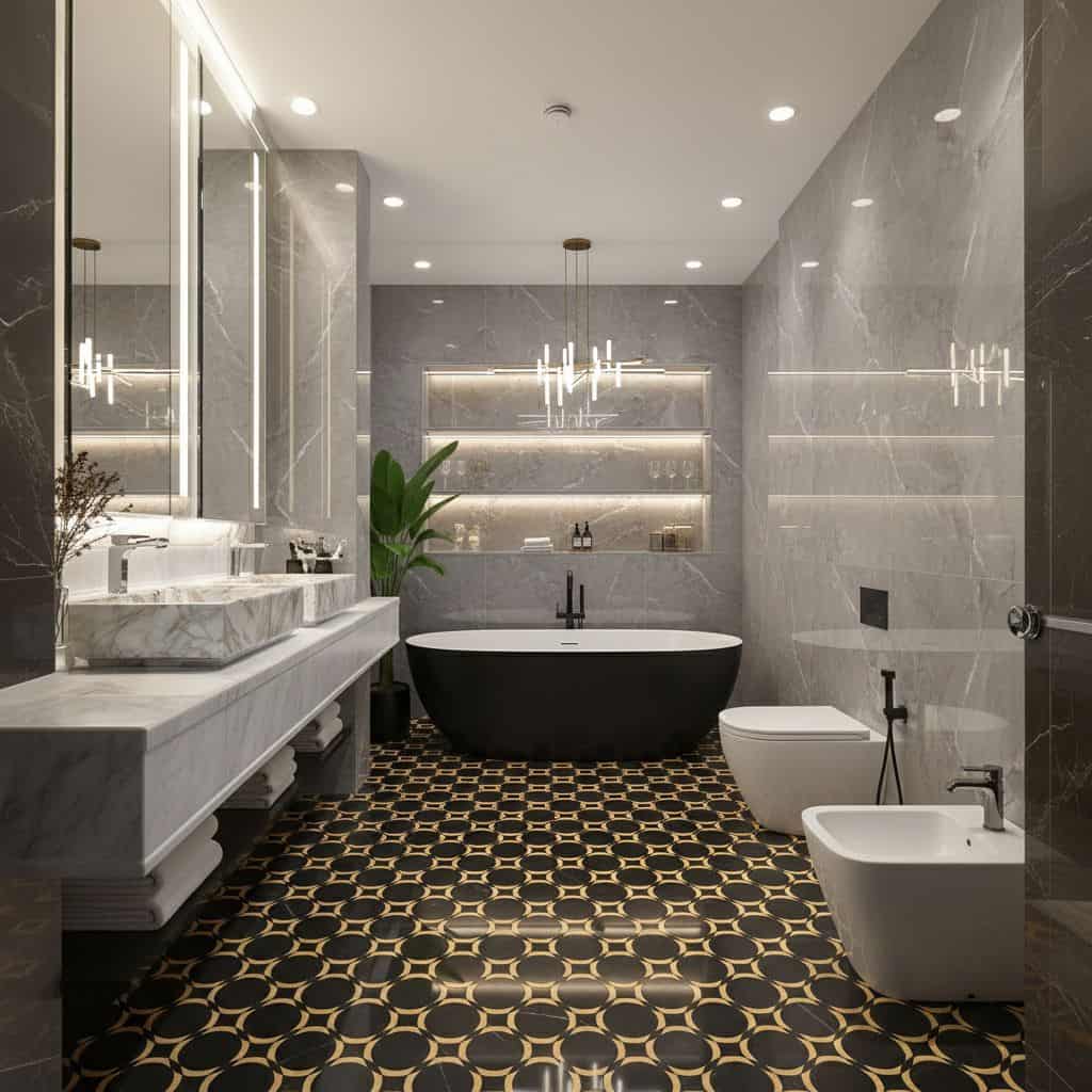 Elegant black and gold patterned ceramic tiles in a modern bathroom setting.