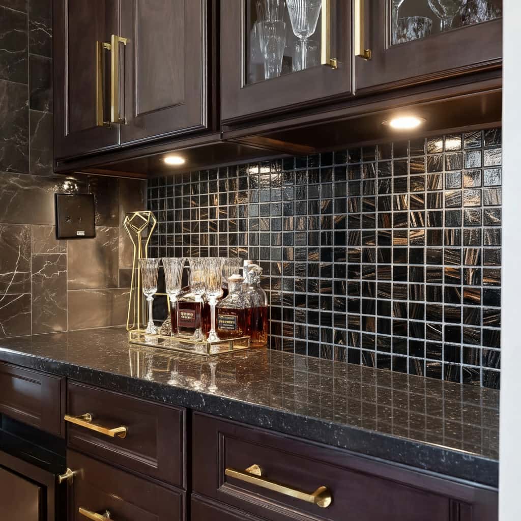 Glass backsplash tile with black mosaic design in kitchen.