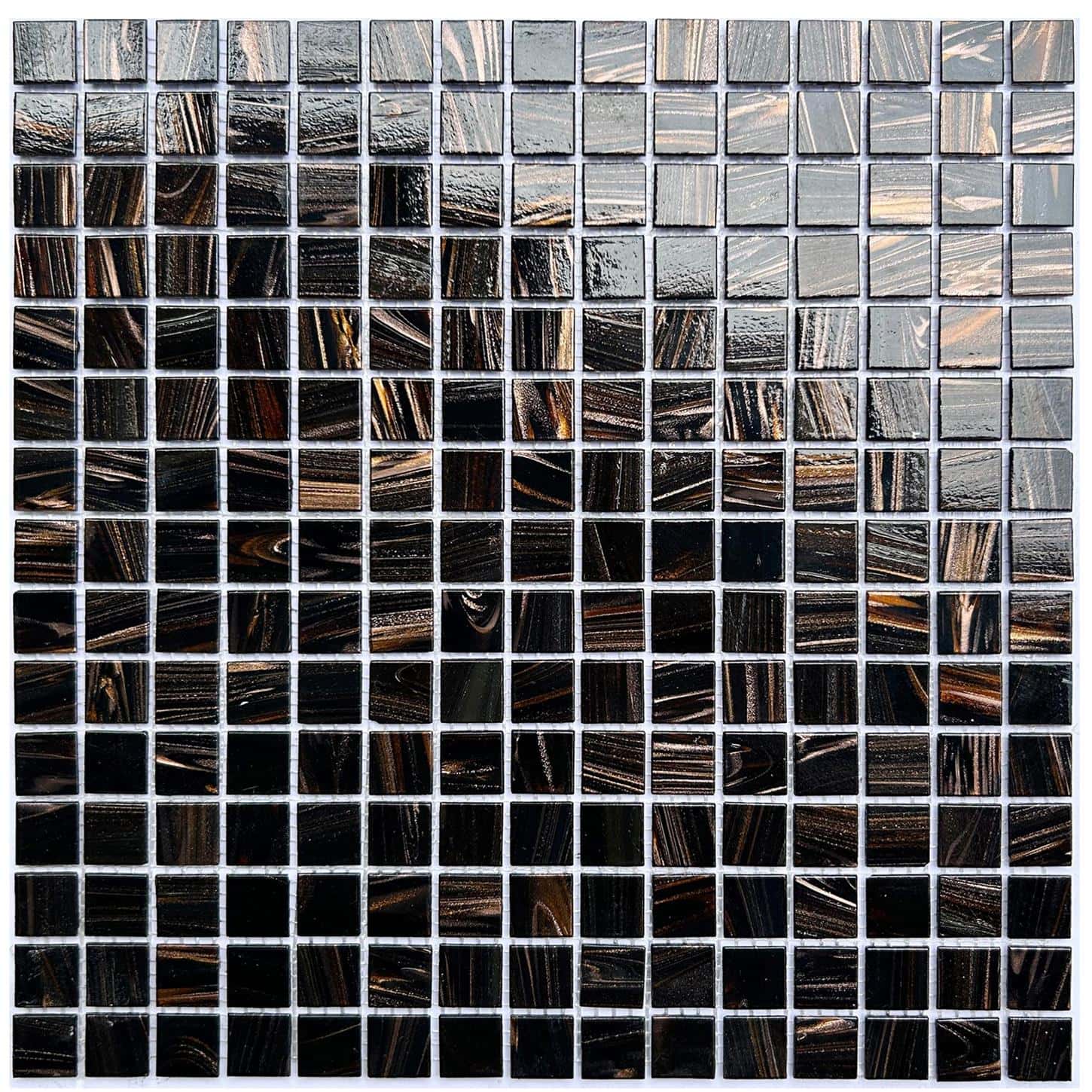 Up of a black and brown glass mosaic tile pattern, ideal for backsplashes and pool surfaces.