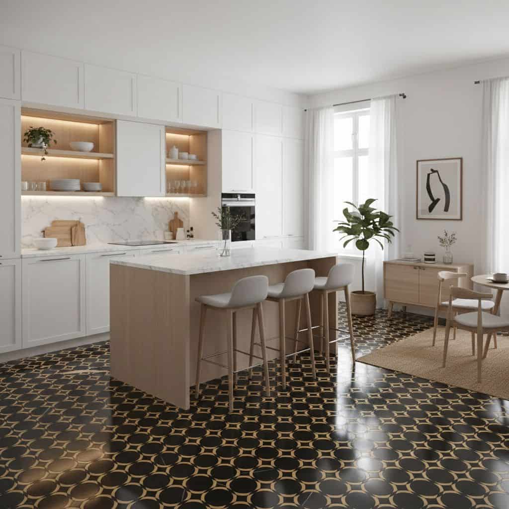 Black and gold hexagonal patterned tiles with a glossy finish.