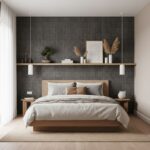 Gray textured tile wall behind bed with minimalist decor.