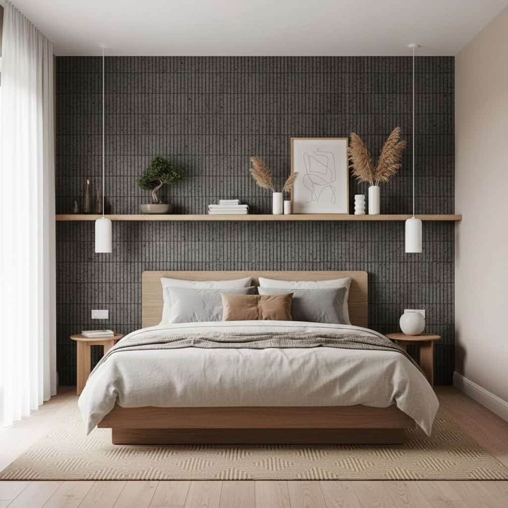 Gray textured tile wall behind bed with minimalist decor.