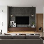 Black textured tile wall, smooth surface, in a contemporary living room setting.