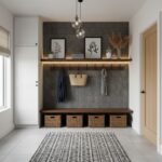 A modern entryway featuring a textured dark gray wall, wooden bench, woven baskets, and decorative accents.