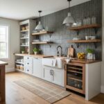 Describe tile color, texture, and pattern: Gray textured tile backsplash with a matte finish, complementing white cabinetry a.
