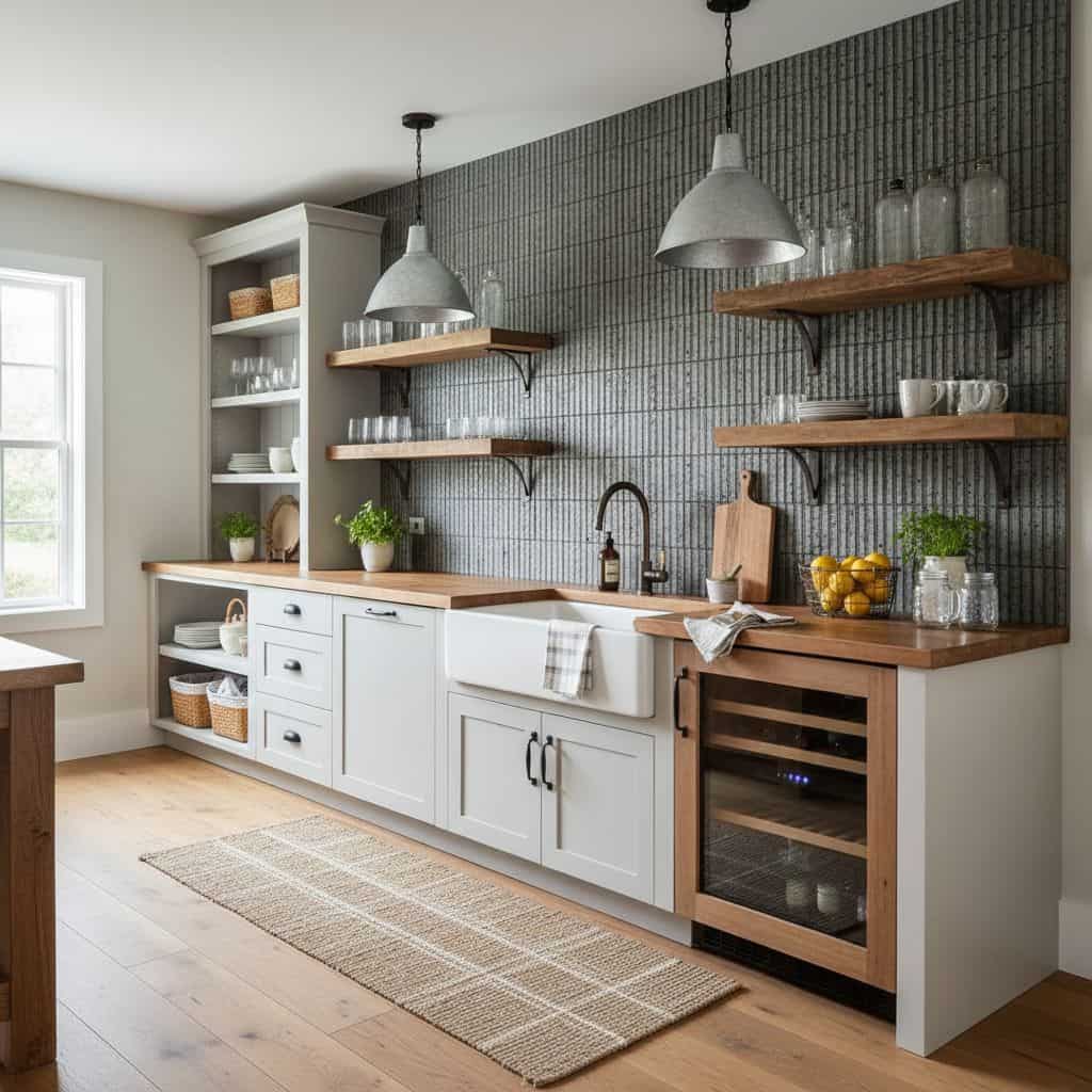 Describe tile color, texture, and pattern: Gray textured tile backsplash with a matte finish, complementing white cabinetry a.