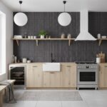 Black textured ceramic tile backsplash with wood accents.