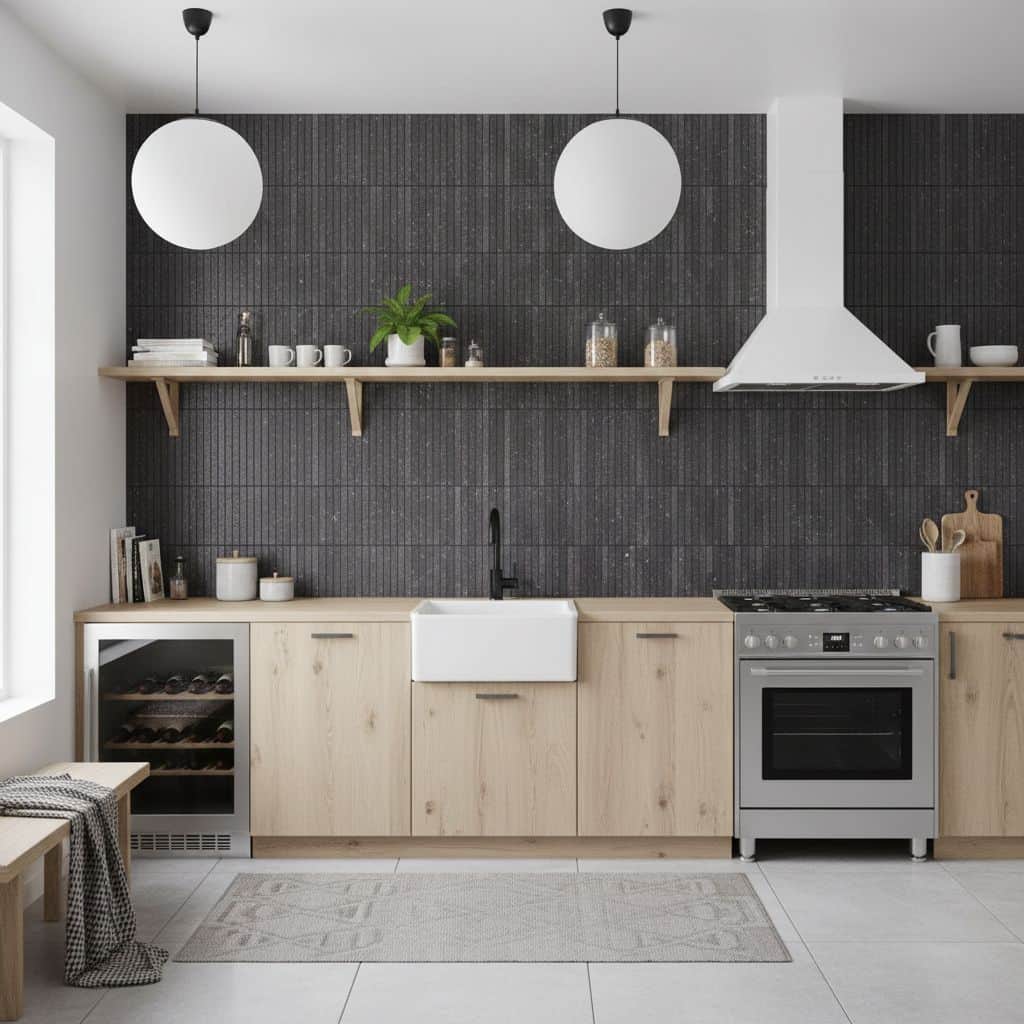 Black textured ceramic tile backsplash with wood accents.