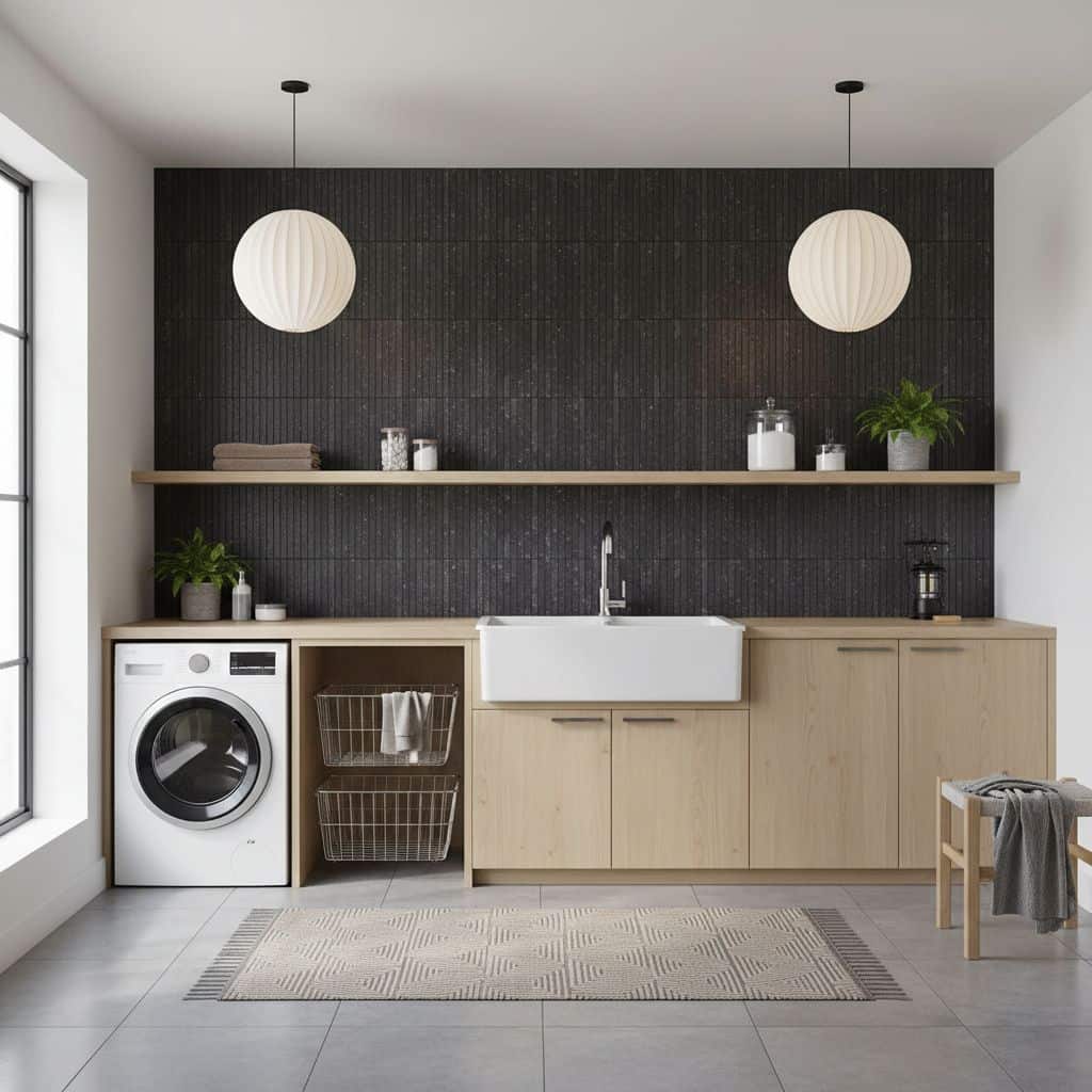 Bright laundry room with black textured tiles, white farmhouse sink, and light wood cabinetry.