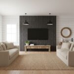 Slate tile wall with textured black finish and two black pendant lights.