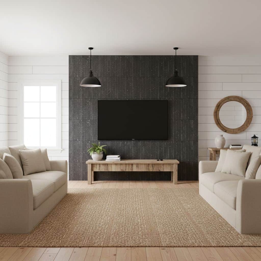 Slate tile wall with textured black finish and two black pendant lights.