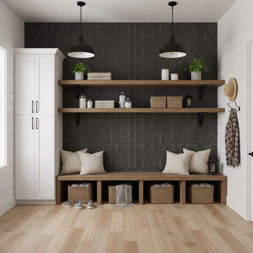 Bright entryway featuring dark textured tile wall, wooden shelves, and woven baskets for storage. Neutral tones create a warm.