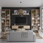 Black textured tile wall with wooden shelves and modern decor in a contemporary living room.