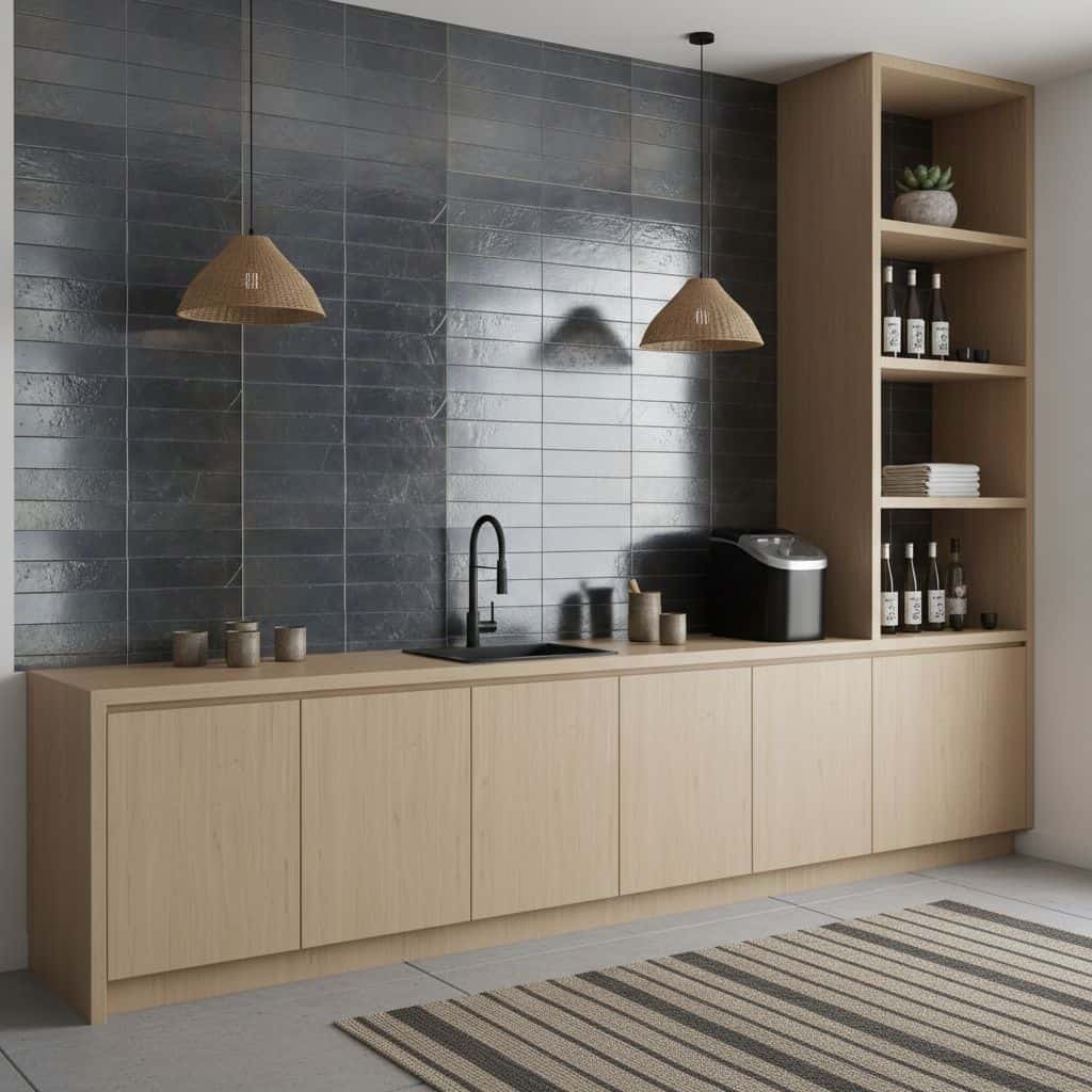 Gray ceramic wall tiles with a matte finish, textured surface, and subtle variation in shades complement the light wood cabin.