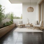 Bright white and natural wood tones with textured fabric cushions.