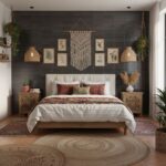 Dark wood textured wall paneling with natural finish, complementing boho decor and cozy bedroom ambiance.