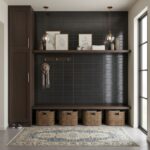 Black ceramic tile with a matte finish, textured surface, and sleek appearance.