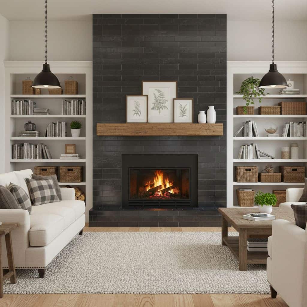 Cozy living room featuring a black brick fireplace, white built-in shelves, and neutral-toned furniture with decorative accen.