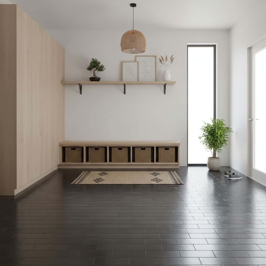 Entryway with beige wood paneling, black tiled floor, and minimalist decor.