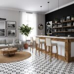Black and white patterned ceramic tiles with a matte finish, complemented by wooden furniture and white walls for a contempor.