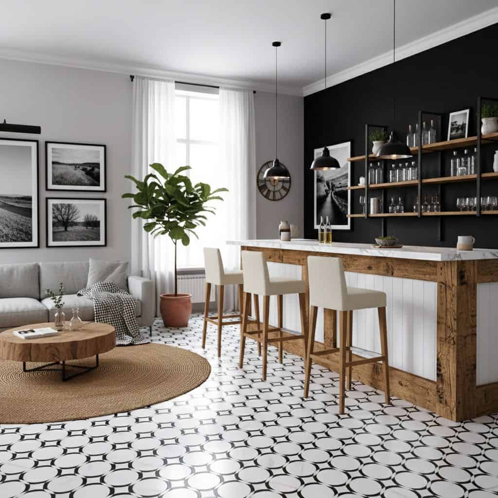 Black and white patterned ceramic tiles with a matte finish, complemented by wooden furniture and white walls for a contempor.