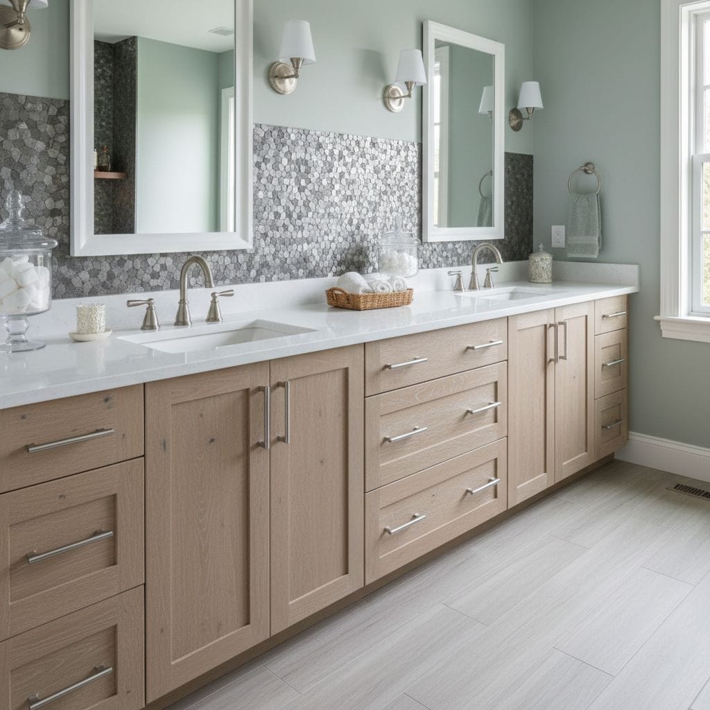Bathroom with peel and stick wall tile behind double sinks and large mirrors.