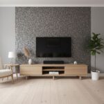 Peel and stick wall tile behind TV adds a stylish, easy-to-install accent to contemporary living room decor.