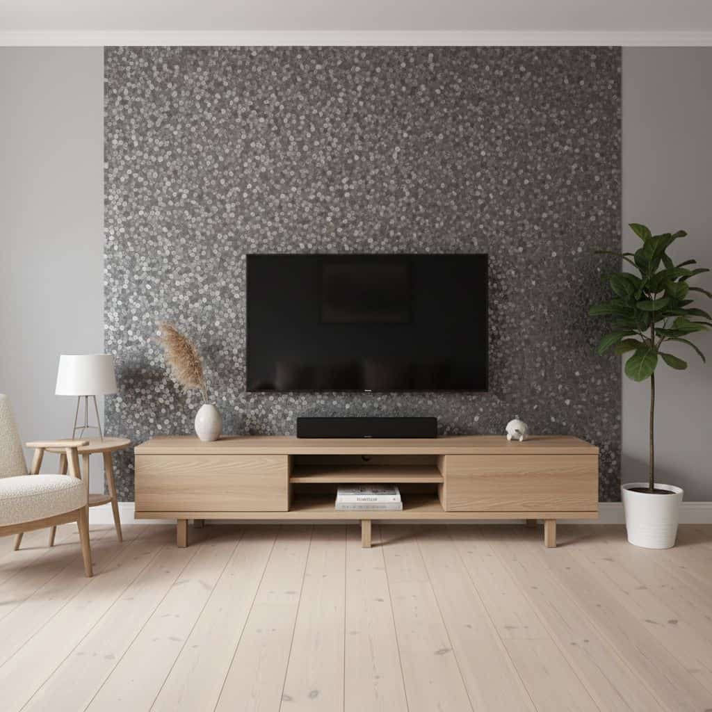 Peel and stick wall tile behind TV adds a stylish, easy-to-install accent to contemporary living room decor.