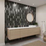 Modern peel and stick wall tile in a bathroom setting with a round mirror and wooden vanity.