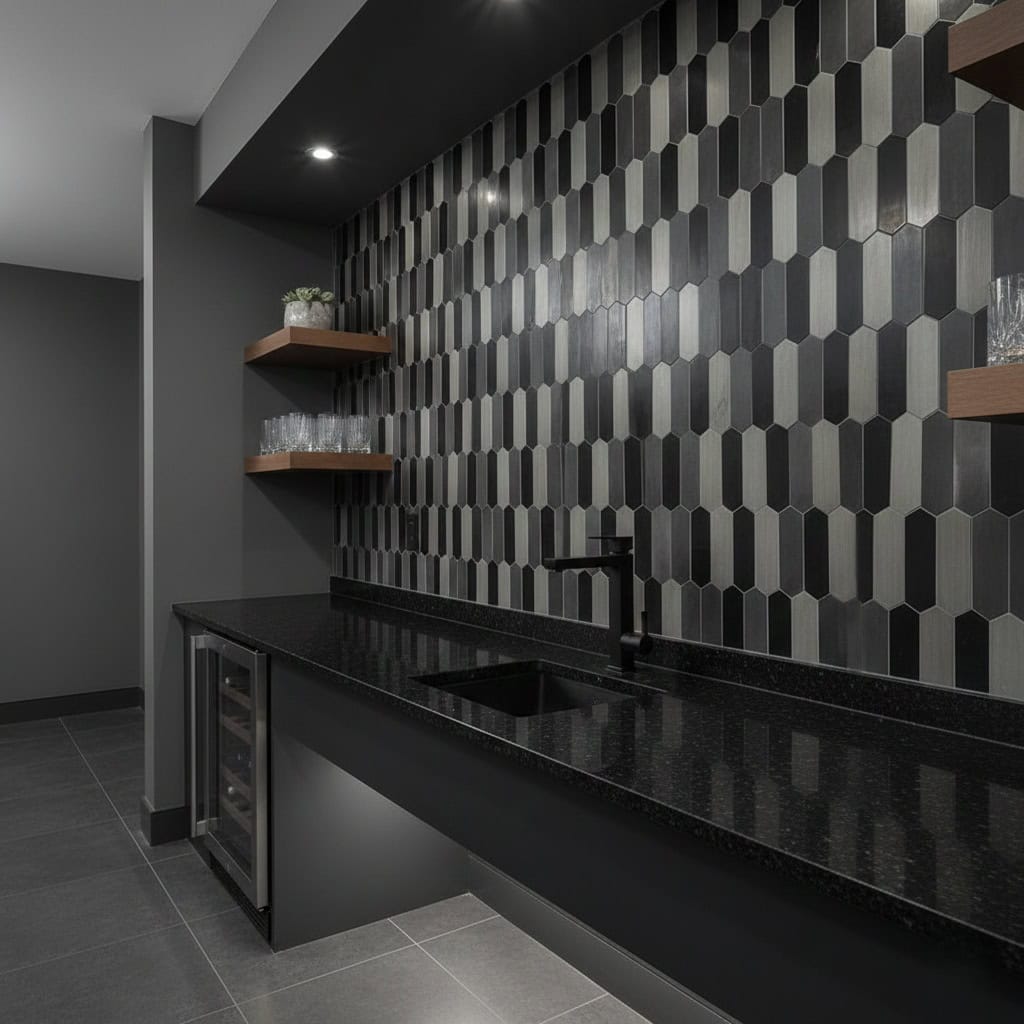 Peel and stick tile backsplash in a modern kitchen with dark hexagonal tiles and wooden shelves. Easy DIY wall upgrade for co.