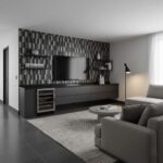 Modern living room with peel and stick wall tiles in a geometric pattern.