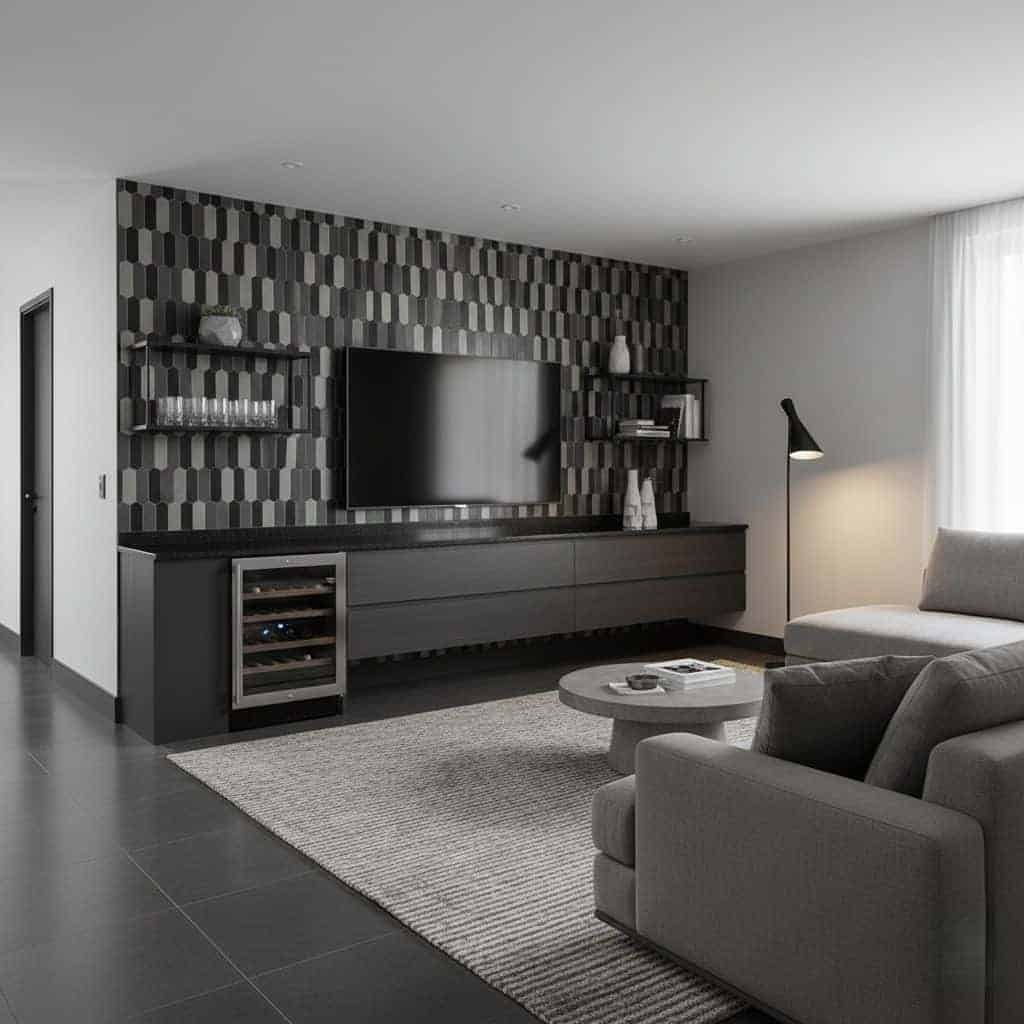 Modern living room with peel and stick wall tiles in a geometric pattern.