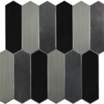 Hexagon peel and stick tile design in black and gray for easy wall decoration. Perfect for kitchen backsplashes and accent wa.