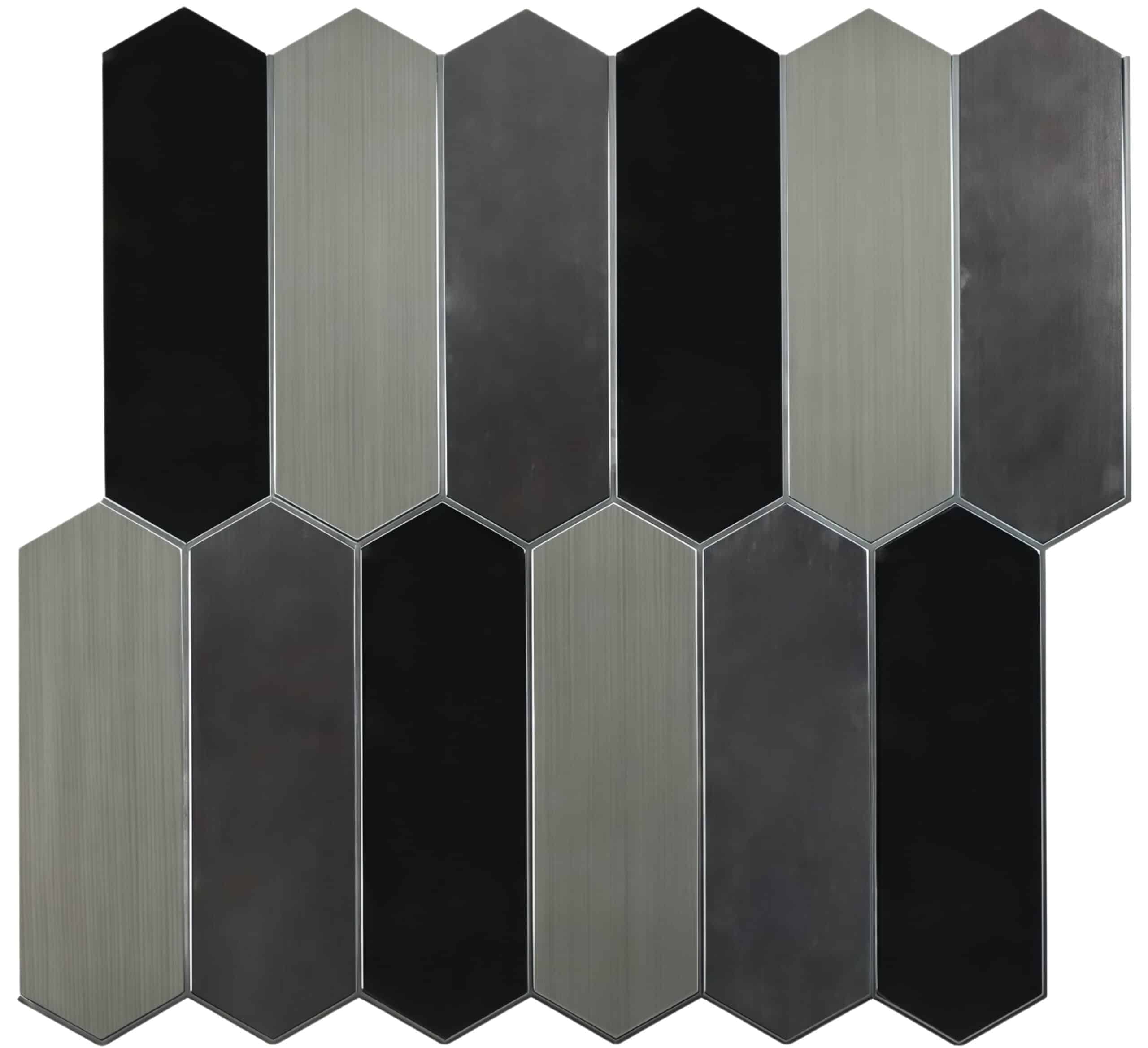 Hexagon peel and stick tile design in black and gray for easy wall decoration. Perfect for kitchen backsplashes and accent wa.