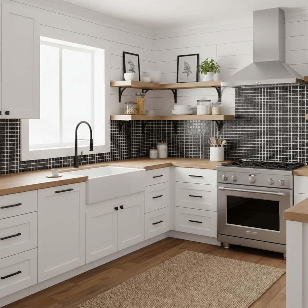 Kitchen with glass tile backsplash, white cabinets, and wooden accents.