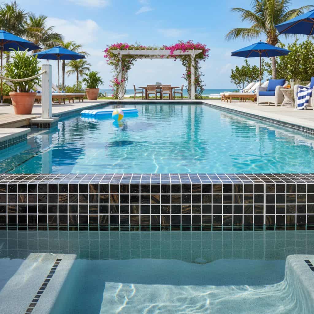 Pool with glass tile backsplash and mosaic details, perfect for luxurious outdoor spaces.