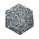 Hexagon mosaic tile with silver and gray tones, textured surface, reflective finish.