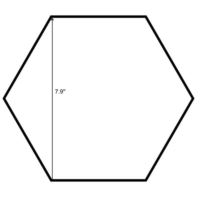 White hexagon tile with a black outline, smooth surface, measuring 7.9 inches across. Ideal for modern and contemporary inter.