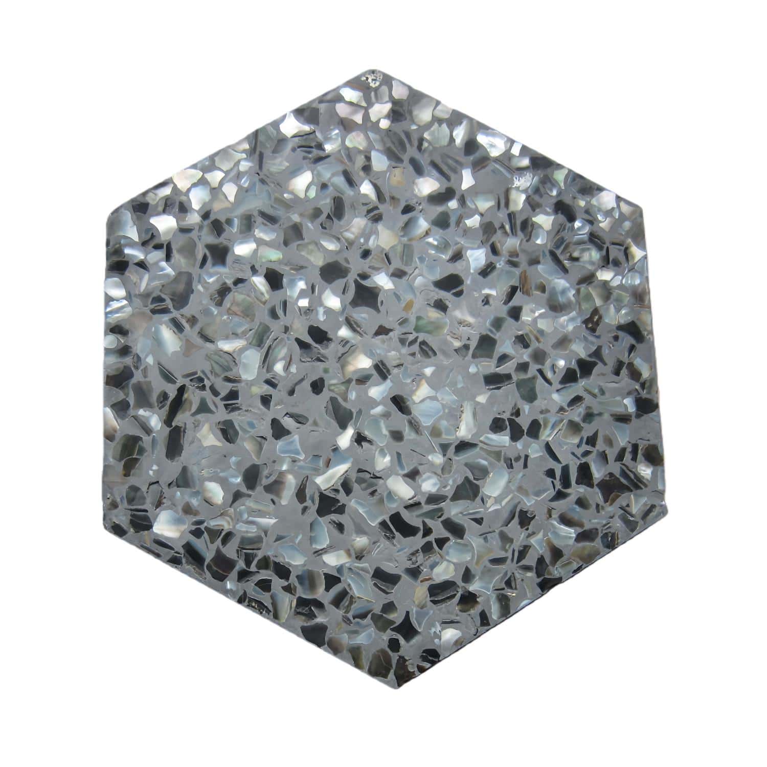 Hexagon mosaic tile with silver and gray tones, textured surface, reflective finish.