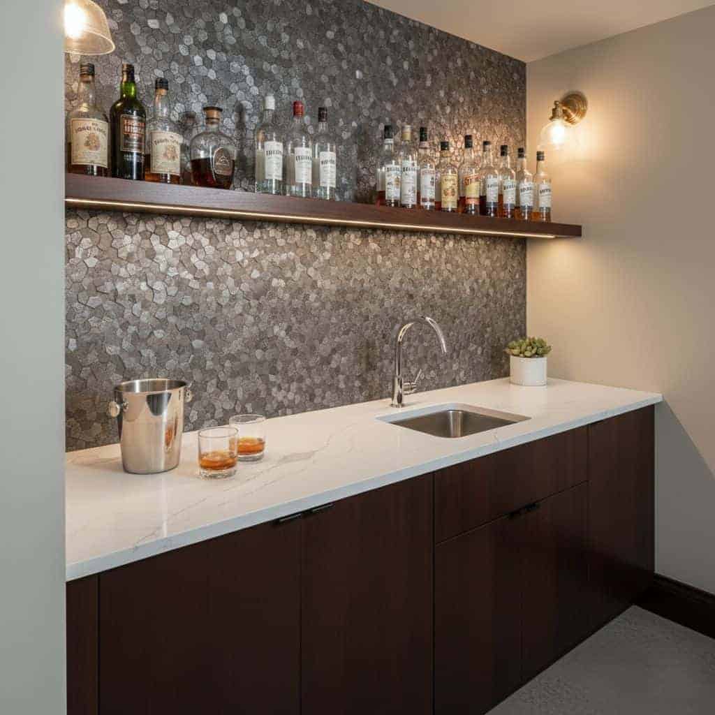 Image of a modern kitchen backsplash with peel and stick tiles above a white countertop.