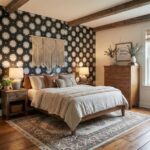 Floral patterned wallpaper in black and white with textured finish.