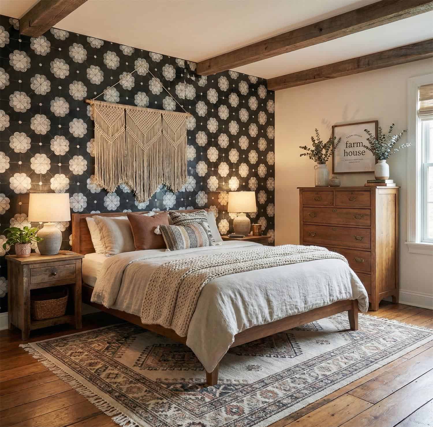 Floral patterned wallpaper in black and white with textured finish.