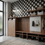 Elegant entryway with walnut wood storage and floral patterned tiles in black and white.