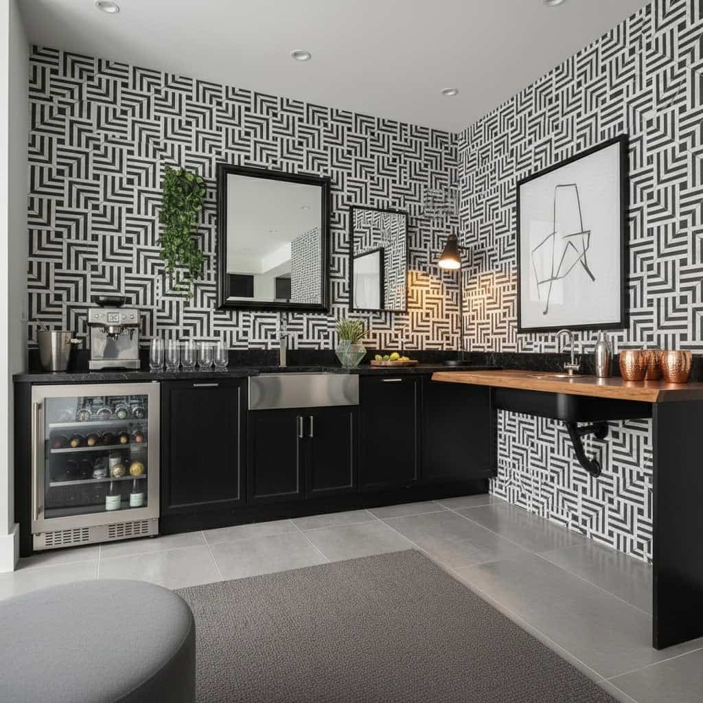 Black and white geometric patterned ceramic tile with a textured surface, used in a contemporary kitchen setting.