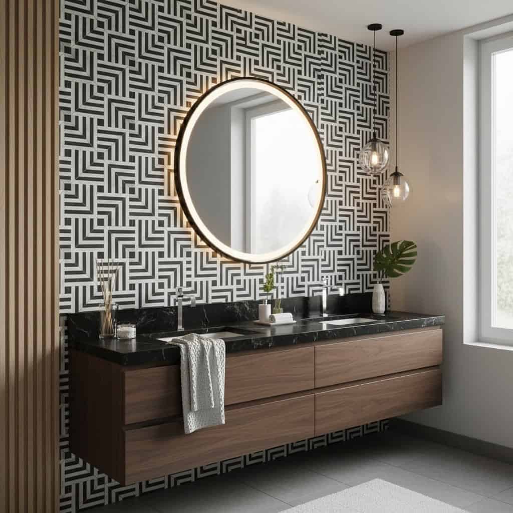 Geometric black and white patterned wall tiles with a matte finish, used as a bathroom accent wall.