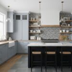 Bright blue kitchen cabinets with a black and white geometric patterned backsplash, wooden shelves, and a central island with.