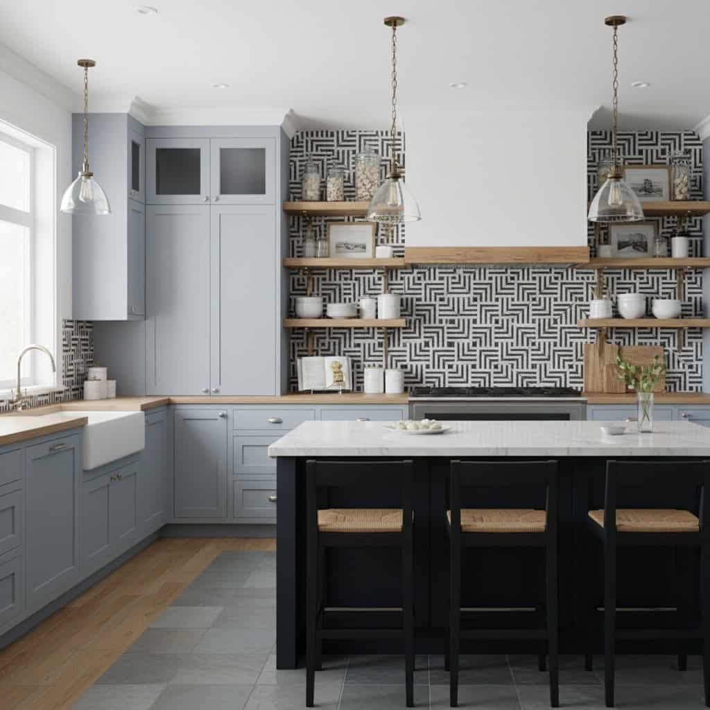 Bright blue kitchen cabinets with a black and white geometric patterned backsplash, wooden shelves, and a central island with.