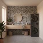 Black and white geometric patterned tile wall with textured surface in a modern laundry room.