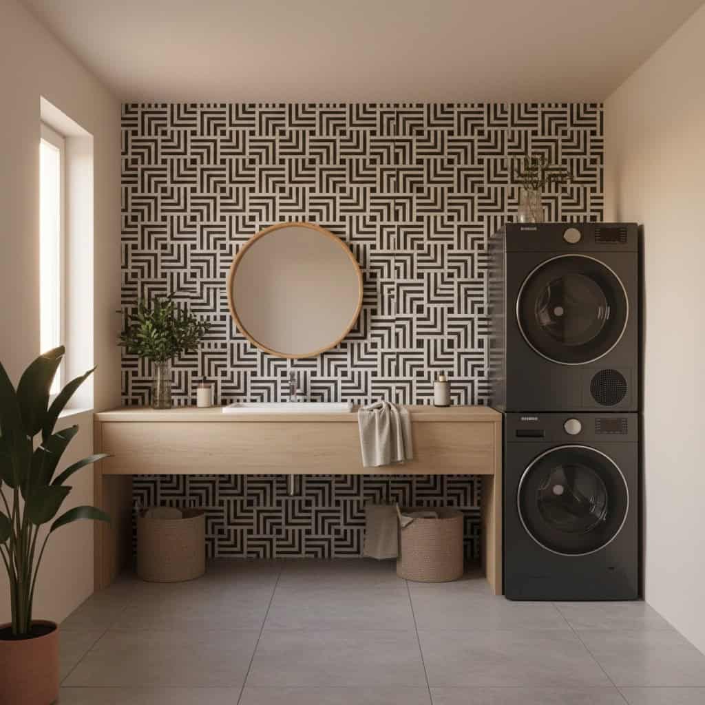 Black and white geometric patterned tile wall with textured surface in a modern laundry room.